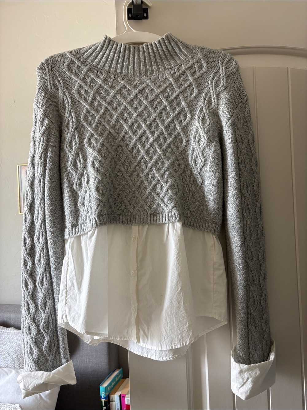 Maeve Gray Cable-Knit Cropped Sweater with White Shirt Hem